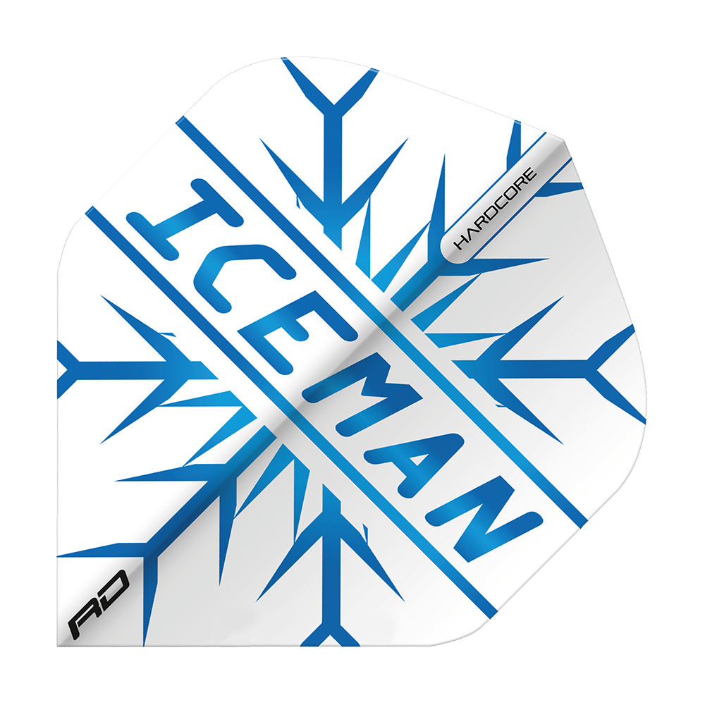 Das Bild zeigt ein Dartflight mit dem Aufdruck "ICEMAN" in blauer Schrift und einem Schneeflockenmuster. In der Ecke steht das Wort "HARDCORE" und das Red Dragon Logo ist ebenfalls zu sehen.